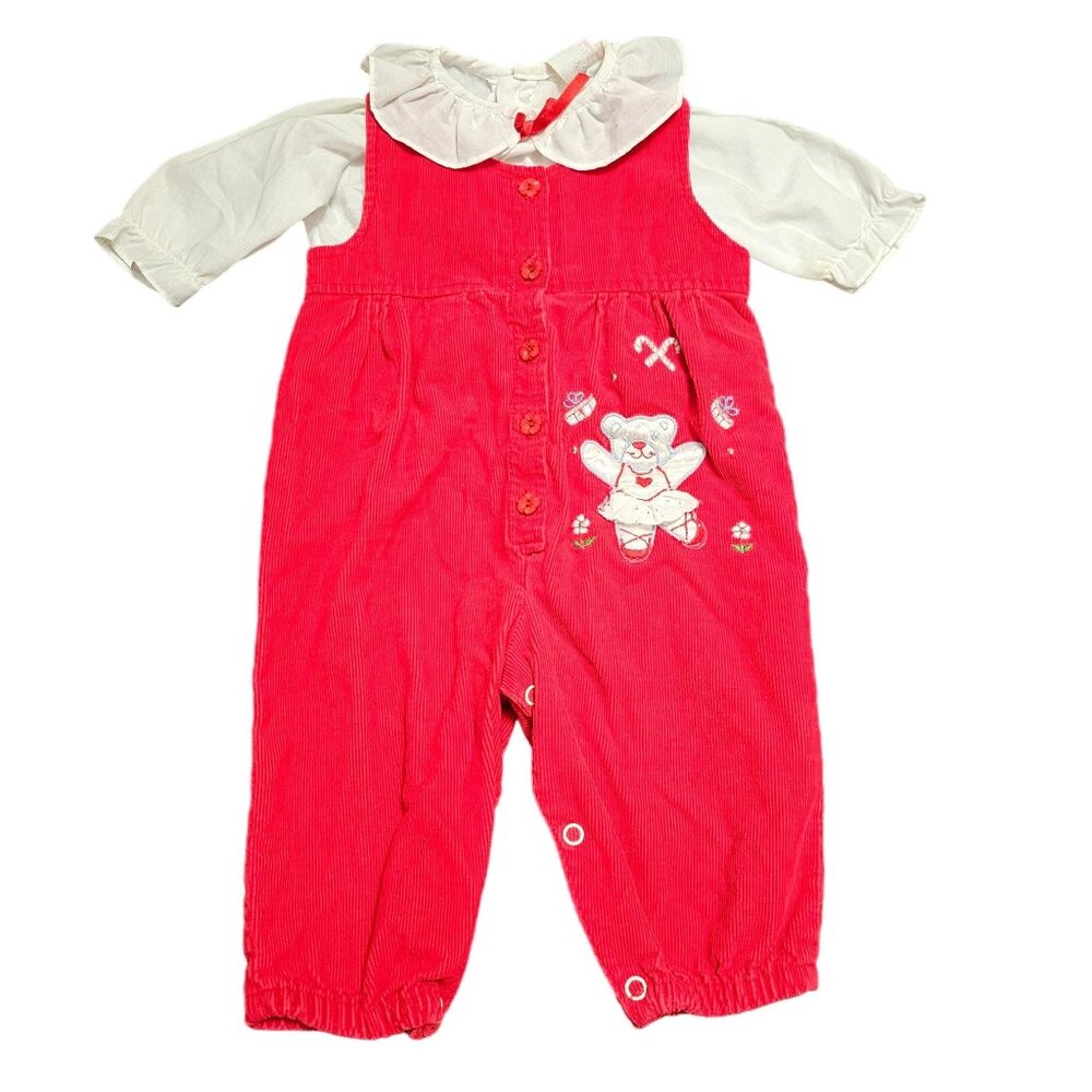 Vintage Baby Red Corduroy Overall Bear Applique White Ruffle Collar Shirt 6-9 M